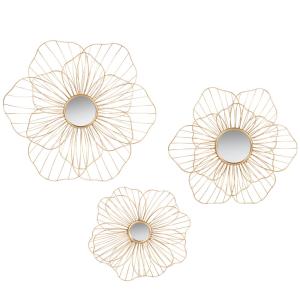 Set de 3 espejos de metal dorado con forma de flor