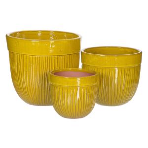 Set de 3 maceteros estriados de cerámica amarillos