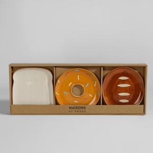 Set de 3 platos de brunch de gres, blanco, marrón y beige