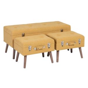 Set de 3 puffs arcón maleta mostaza de tela y madera
