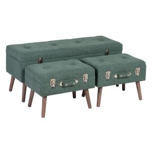 Set de 3 puffs arcón maleta verde oscuro de tela y madera