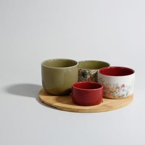 Set de 4 cuencos de aperitivo de cerámica y bandeja de bamb…