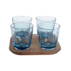 Set de 4 vasos de vidrio martillado azul y bandeja de mader…