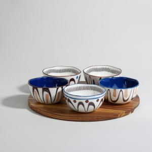 Set de 5 cuencos de aperitivo de cerámica y bandeja de made…