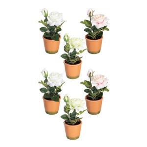 Set de 6 plantas rosas artificiales de tela blancas y rosas