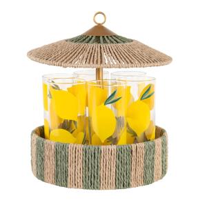Set de 6 vasos en vidrio con limones y soporte de fibra veg…