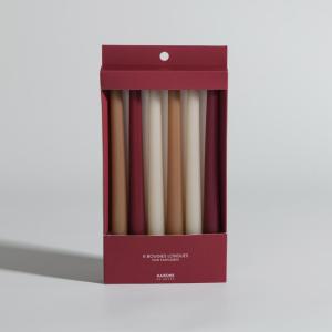 Set de 6 velas largas beige, burdeos y rosa