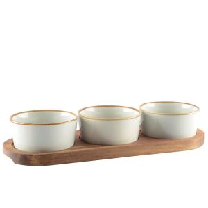 Set de aperitivo de 3 cuencos sobre bandeja de madera 29x10…