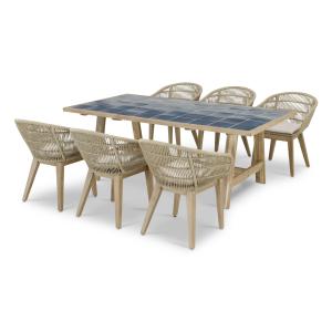 Set de mesa cerámica azul y 6 sillas