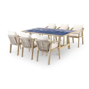 Set de mesa de madera y cerámica azul y 6 sillas