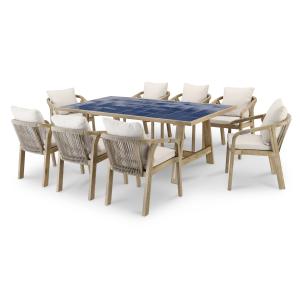 Set de mesa de madera y cerámica azul y 8 sillas