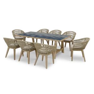 Set de mesa de madera y cerámica azul y 8 sillas cuerda