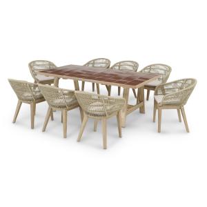 Set de mesa de madera y cerámica terracota y 8 sillas cuerd…