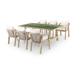 Set de mesa de madera y cerámica verde y 6 sillas