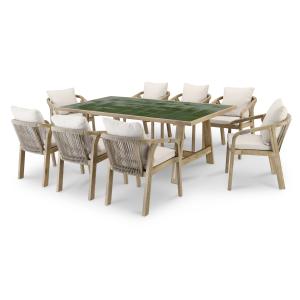 Set de mesa de madera y cerámica verde y 8 sillas