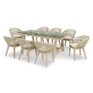 Set de mesa de madera y cerámica verde y 8 sillas cuerda