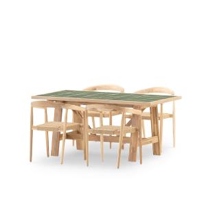 Set de mesa y 4 butacas en madera y ceramica verde 168x87