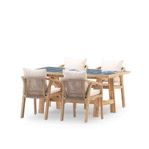 Set de mesa y 4 sillas en madera y ceramica azul 168x87