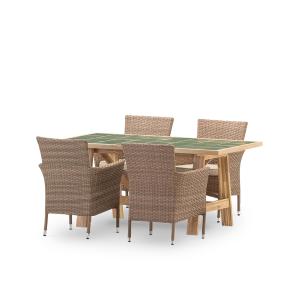 Set de mesa y 4 sillas ratán en ceramica verde 168x87