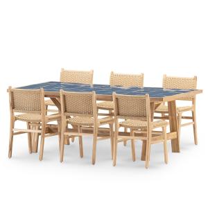 Set de mesa y 6 sillas en madera y ceramica azul 205x105