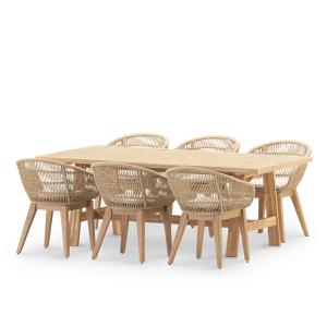 Set de mesa y 6 sillas en madera y ceramica beige 205x105