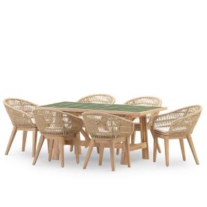 Set de mesa y 6 sillas en madera y cerámica verde 168x87