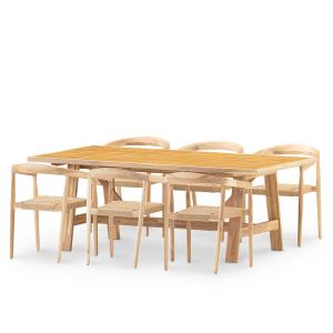 Set mesa y 6 butacas en madera y ceramica mostaza 205x105