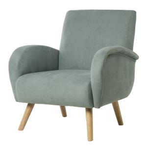 Sillón bajo color menta con reposabrazos y patas de madera