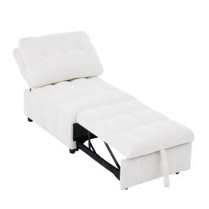 Sillón cama convertible en tela blanca, respaldo ajustable.