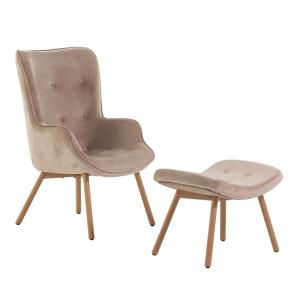 Sillón con reposapiés de terciopelo beige con patas efecto…