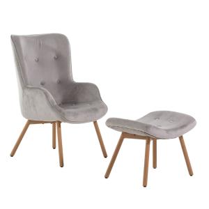 Sillón con reposapiés de terciopelo gris claro con patas ef…