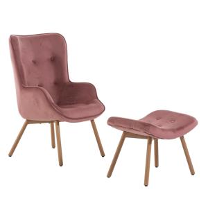 Sillón con reposapiés de terciopelo rosa con patas efecto m…