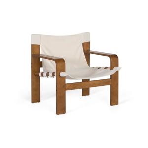 Sillón contemporáneo de madera de caucho con tela beige