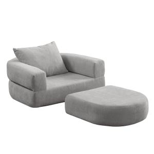 Sillón convertible con otomana, cama plegable compacta, gri…