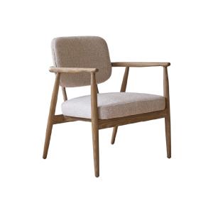 Sillón de madera de roble y tejido texturizado beige chiné