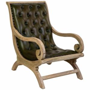 Sillón de madera y cuero natural 65x98x94