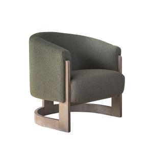 Sillón de roble macizo y tela bouclette caqui