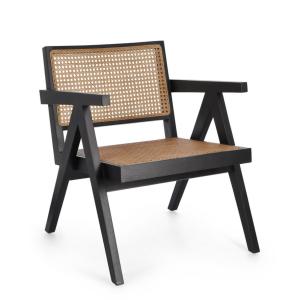 Sillón de salón de teca negra y ratán