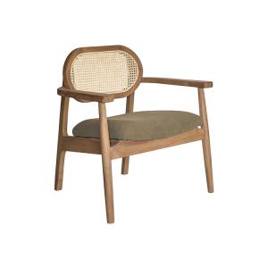 Sillón de teca maciza, rejilla y tejido de terciopelo caqui