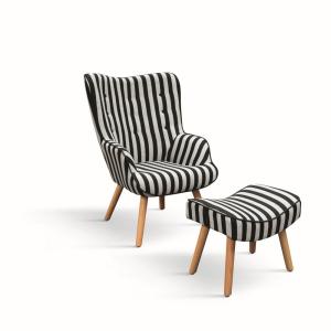 Sillón de tela a rayas blancas y negras,patas de madera,con…