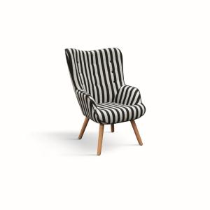 Sillón de tela a rayas blancas y negras y patas de madera