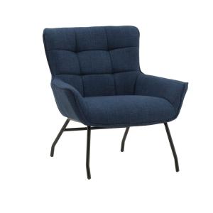 Sillón de tela azul y patas de metal negro