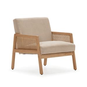 Sillón de tela con patas de madera y ratán l68 cm