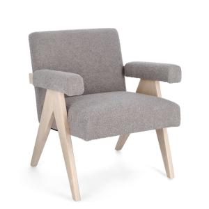 Sillón de tela efecto bouclé gris tórtola y patas de madera…