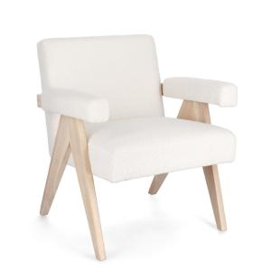Sillón de tela efecto bouclé marfil, patas de madera de cau…