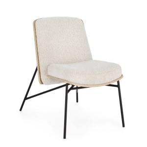 Sillón de tela efecto bouclé marfil y patas de acero negro