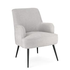 Sillón de tela gris claro y patas de acero barnizado negro