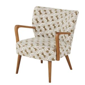 Sillón de tela jacquard verde caqui, beige y madera de heve…