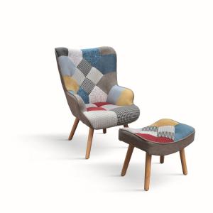 Sillón de tela patchwork multicolor, patas de madera, con r…