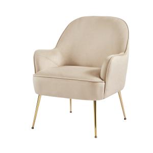 Sillón de terciopelo beige con base dorada